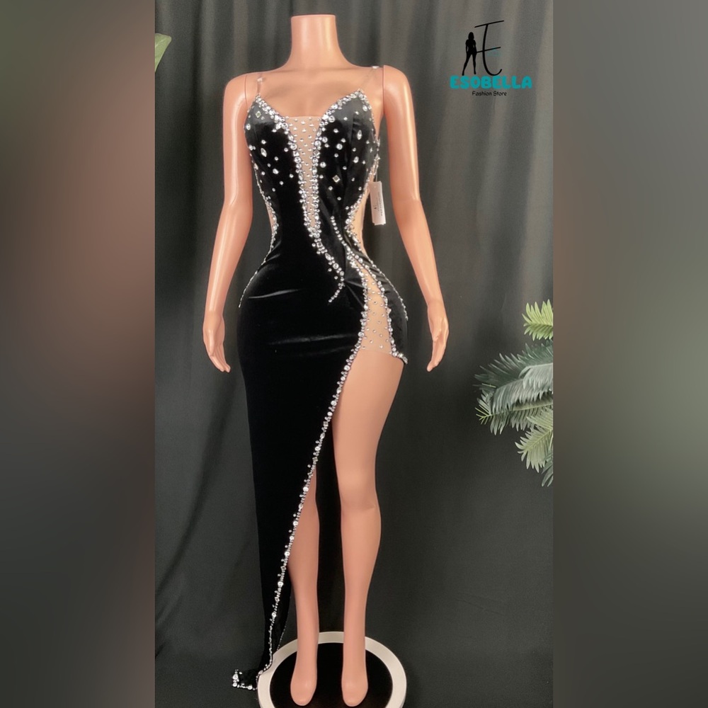 Chic Flair Rhinestone-Embellished Slit Maxi Velvet Dress